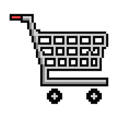 Pixel trolley shopping cart vector. Perfect for e-commerce, retail, and shopping themes. A modern, digital icon that merges a classic symbol with a pixelated, technology-inspired look.