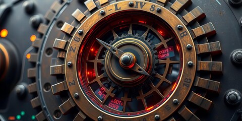 Naklejka premium Steampunk-inspired gear interface, intricate clockwork mechanism displaying digital data, information, data