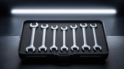 High-Quality Set of Wrenches in a Black Case on Dark Background with Modern Lighting for Tools and Repair Projects