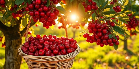 Sun-drenched basket overflows with ruby-red cherries under a cherry tree on a farm, branch, food