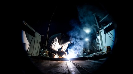 A skilled welder works on a metal structure at night, creating a bright, glowing light in the foreground.