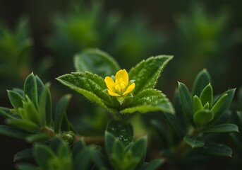 Obraz premium Small Yellow Wildflower with Dewy Green Leaves