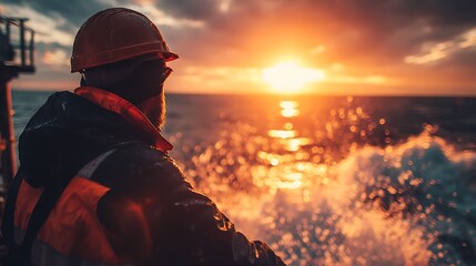 A man in a hard hat and life jacket watches the sun set over the ocean from a boat.