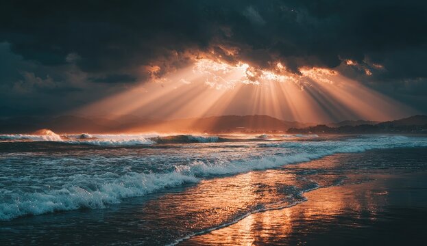 Dramatic sunset over the ocean, rays of light piercing dark clouds