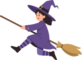 Cartoon Witch Flying on a Broom with a Smiling Face.