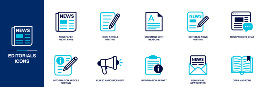 Editorials Blue Colored Outline Icon Set