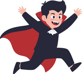 Joyful Vampire Boy Leaping with Open Arms and Fangs Halloween Costume.