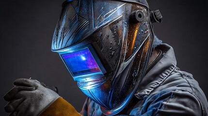 A detailed image of a welding mask with a glowing blue light, showcasing the intricate details of the mask and the welding process.