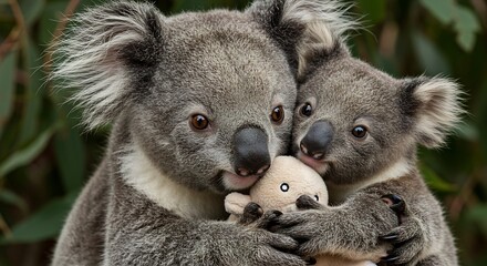 Obraz premium Adorable koala mother gently cradles her joey soft sunlight bathes them in warmth. AI Generated