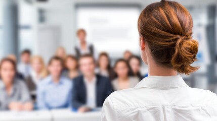 A woman in a white shirt addressing a group of people in a conference room.