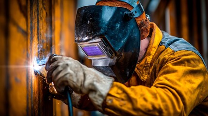 A skilled welder in protective gear works on a metal structure, creating a bright, glowing arc of light.