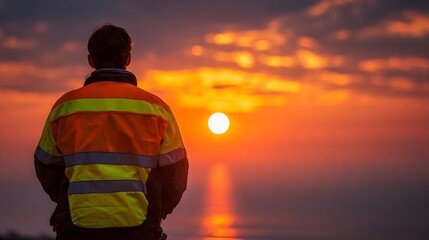 A man in a high-visibility jacket watches the sun set over the ocean.