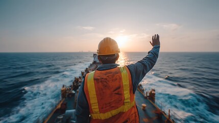 A seafarer waves goodbye as the sun sets on the horizon, capturing a moment of farewell and the vastness of the ocean.