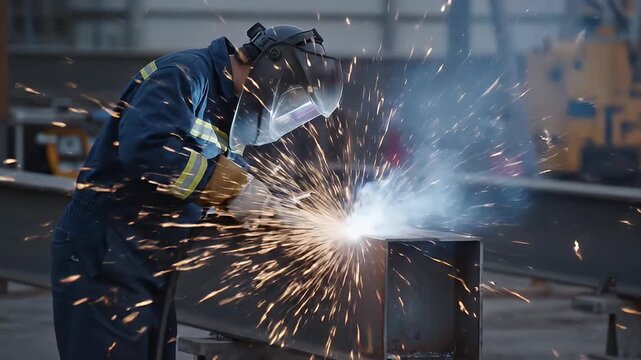 Industrial Welder in Protective Gear Performing Arc Welding on Metal Structure in Workshop