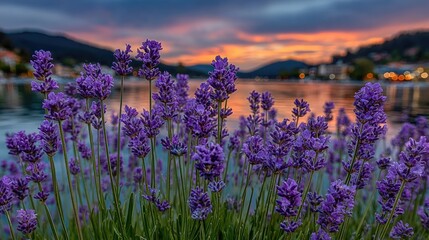 Obraz premium Lavender blooms by water at sunset