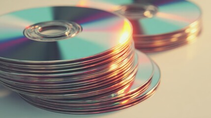 Stack of shiny compact discs with vibrant reflections and soft lighting creating a modern digital storage atmosphere
