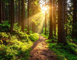 Obraz premium Path cuts through a forest, sunlight piercing between tall trees, illuminating the green moss and creating bright, natural scenery