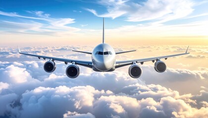 Obraz premium Passenger aircraft soars above fluffy clouds at sunset, a head-on view showing wings and engines against a soft blue sky