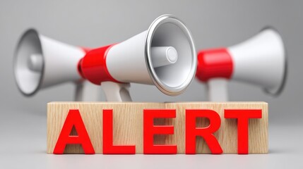 Three megaphones with red and white stripes, emitting a loud sound, against a blurred background.