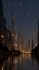 Fototapeta premium City of Dreams: A futuristic city skyline gleams under a starlit night sky, with skyscrapers rising majestically and their reflections mirrored in the tranquil water.