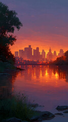 Naklejka premium Cityscape Sunset Reflections: A stunning view of a city skyline is bathed in the warm hues of a sunset, the colorful sky beautifully reflected in the calm water below.