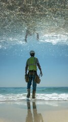 A construction worker stands in the ocean, wearing a hard hat and safety vest, with a clear view of the underwater world.