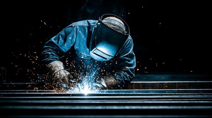 A skilled welder in protective gear works on a metal structure, creating sparks as he joins the pieces together.