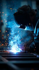 A skilled welder in protective gear uses a torch to weld metal structures in a workshop setting.