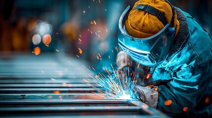 A skilled welder in protective gear works on a metal structure, creating sparks as he welds.