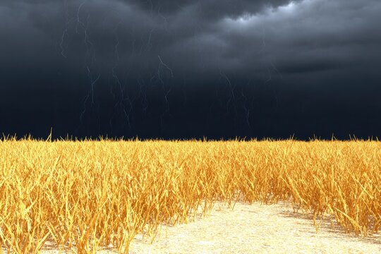 Golden field under a dark, stormy sky