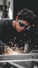 A skilled worker in protective gear uses a grinder to cut through metal, creating sparks in the foreground.