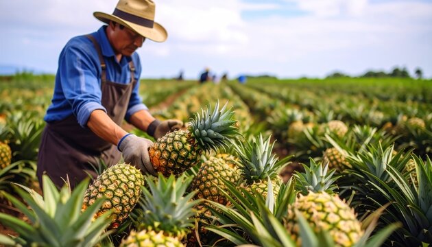 A farmer harvesting pineapples in a field