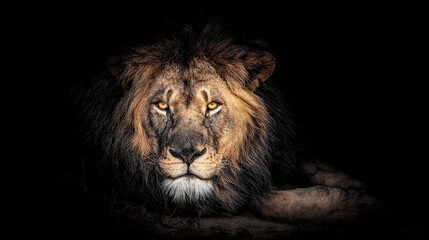 Fototapeta premium Lion, illuminated by a spotlight, in the dark