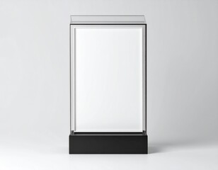 Glass display case with blank white rectangle sits atop a black base, creating a modern, minimalist aesthetic against a bright neutral backdrop