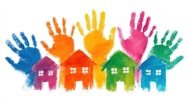 A colorful handprint of a house with a rainbow of colors.