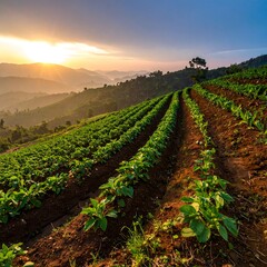 Terraced farm at sunrise, rows of young plants on hills