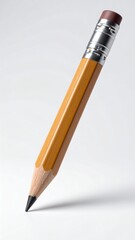 Short, golden pencil standing upright on white, casting a slight shadow. Metal and eraser detail. Simple, minimal composition