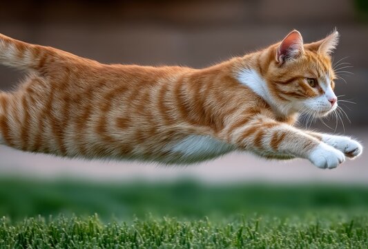 An orange tabby cat mid-leap over green grass, with blurred background. It has white paws and chest, and a focused expression