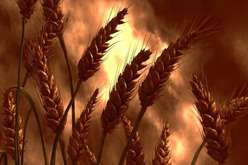 Golden wheat stalks against a fiery sunset