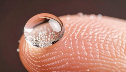 A clear water droplet sits on a human fingertip, showcasing detail of skin ridges and minute air bubbles within the water