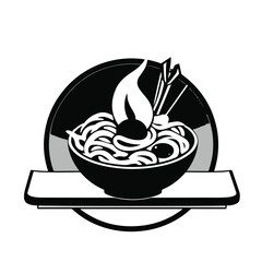 A vector style logo featuring a classic black and white silhouette of Korean food on a white background
