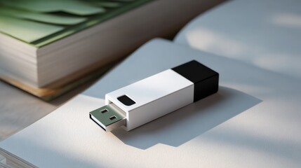 Modern USB Drive on a Notebook with Blurred Background and Natural Light for Technology and Business Concepts