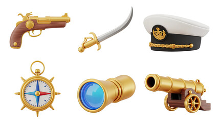 Pirate Captain's Arsenal 3D Render Featuring Pistol, Sword, Hat, Compass, Spyglass, and Cannon