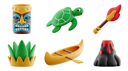 Tropical Island Elements 3D Render Featuring Tiki, Turtle, Torch, Plant, Canoe, and Volcano
