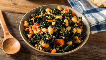 Bowl of hearty, mixed greens, beans, and grains