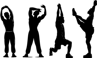 Black silhouette people doing fitness exercises workout poses stretching yoga aerobics training