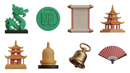 Cultural Heritage Collection 3D Rendered Asian Dragon Statue Scroll Pagoda Bell and Fan Set