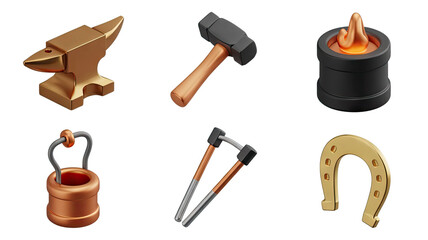 Blacksmith Tools 3D Render Set Anvil Hammer Forge Tongs Pliers Horseshoe on Transparent