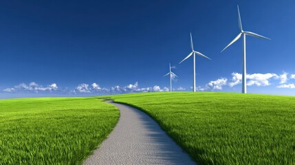 Obraz premium Three wind turbines standing on a grassy hill with a clear blue sky in the background.