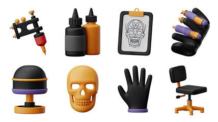 Tattoo Studio Equipment Machine Ink Skull Gloves Chair 3D Rendered Illustration Isolated